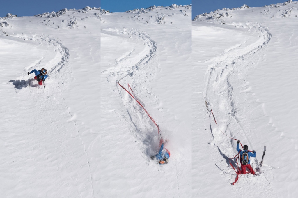 Wenn die Bindung aufgeht zieht der Ski die find---me Tiefschneebänder aus den kleinen Taschen am Fuß. Ski kann man meist einfach runterziehen.